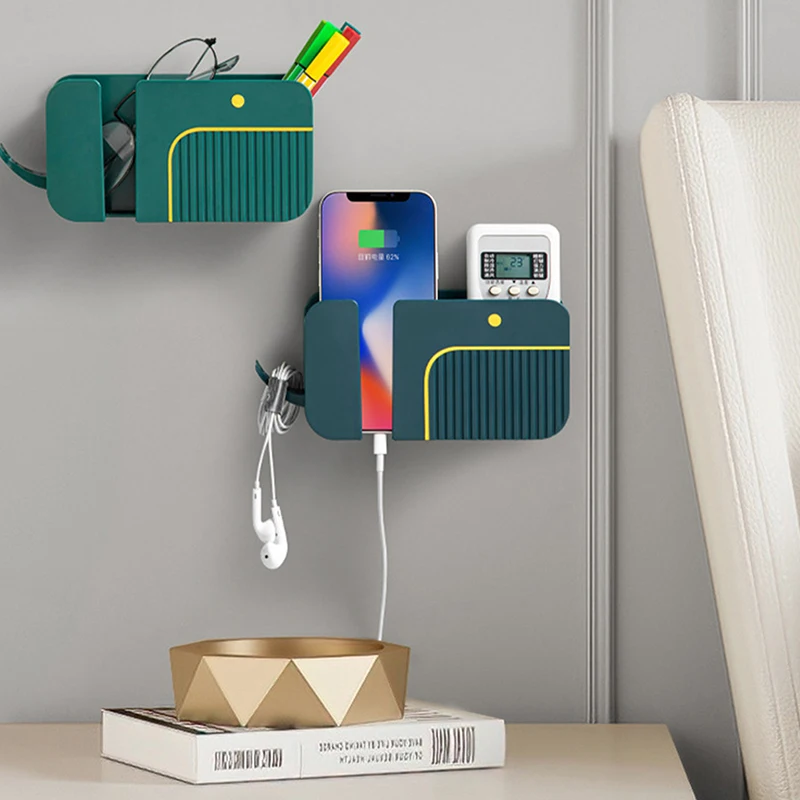 2 In 1 Wall-mounted Mobile Phone Remote Control Storage Box Multifunctional Punch-free Storage Rack Wall Debris Storage Holders