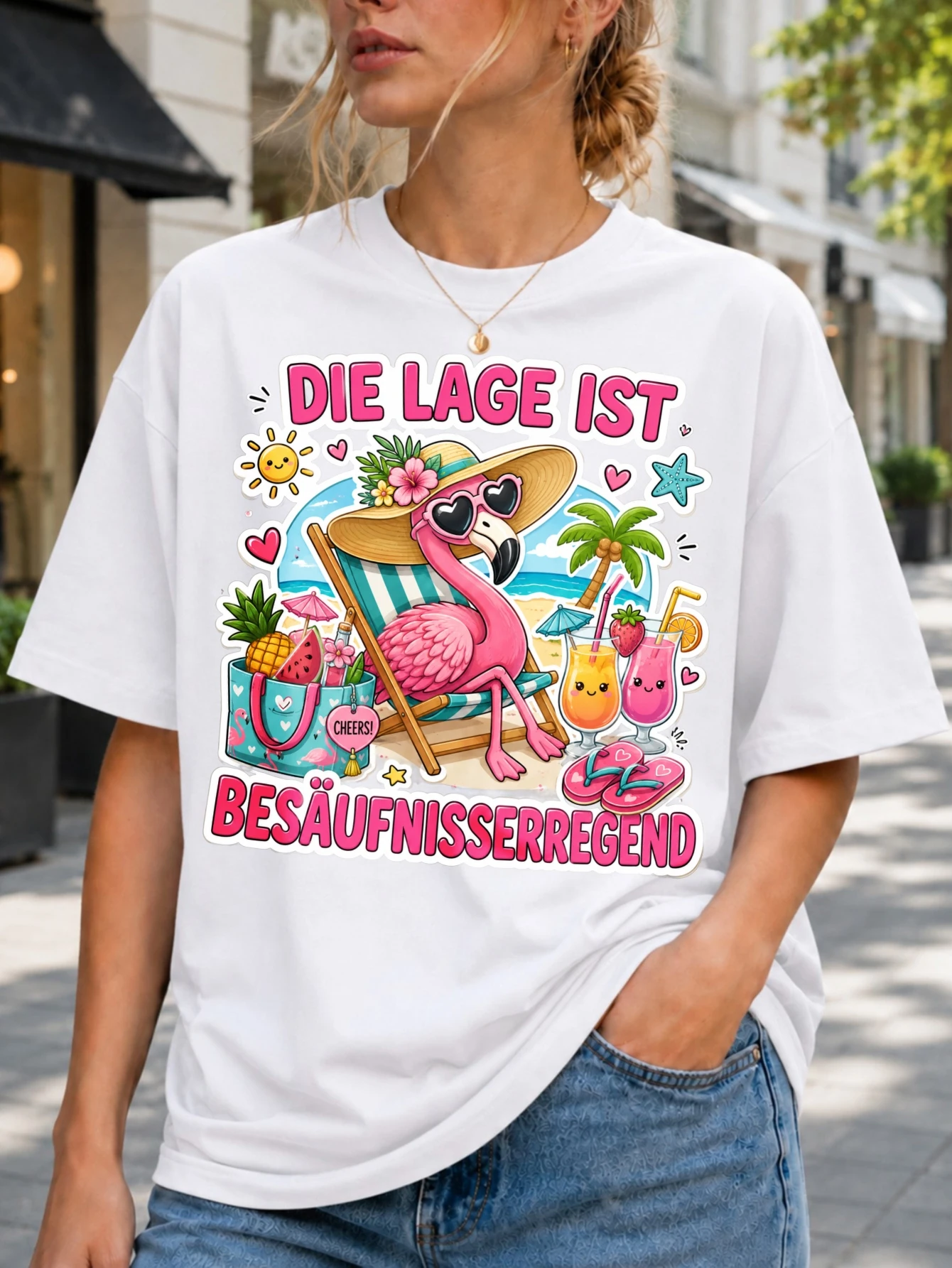 Die Lage Ist Besaufniserregend flamingo Tee with beach tropical drinks palm trees fruits and sunny  Unisex All T-Shirt