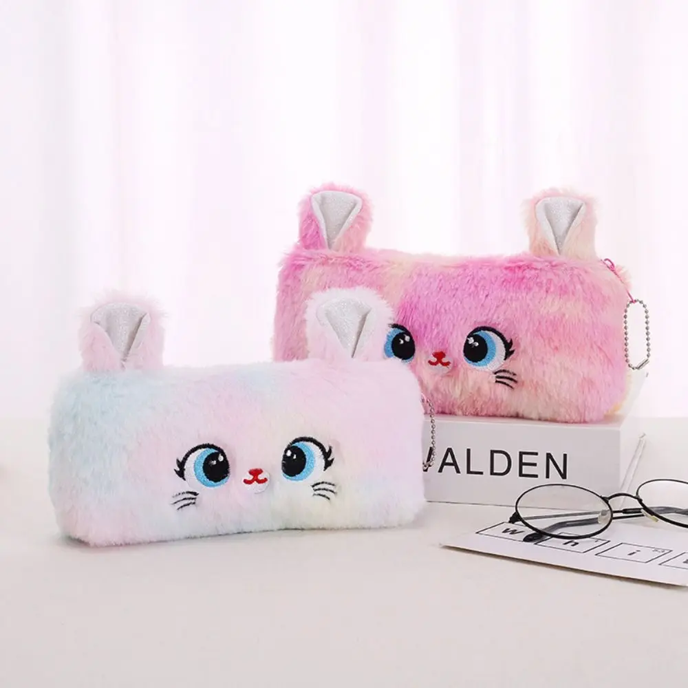 Bolsa de lápices de felpa Kawaii de gran capacidad, bolsa de almacenamiento de lápices de gato de peluche de dibujos animados, papelería escolar, suministros de escritura