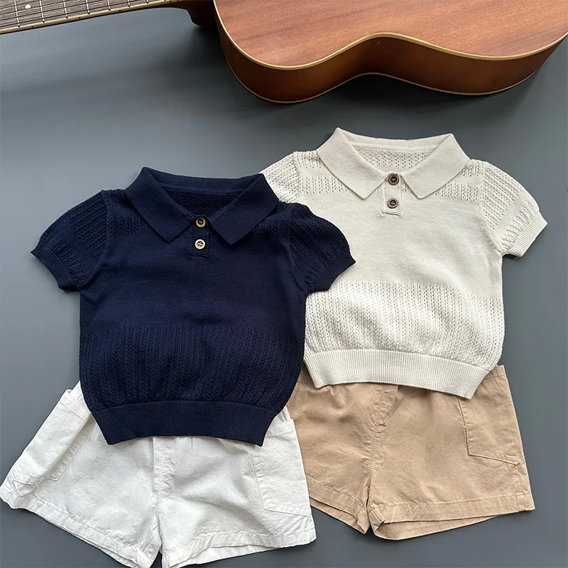 

Boys' Summer Ice Silk Hollow Short Sleeve 2026 New Children's Baby Korean Edition Casual Knitted T-shirt