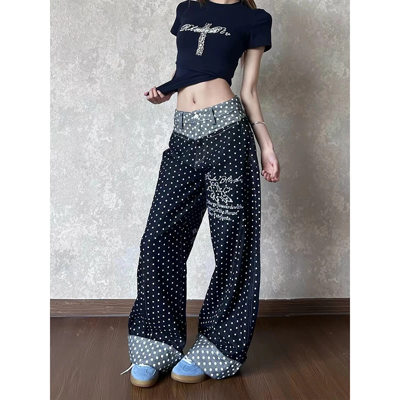 ZHIZOU Women Black Dot Denim Jeans Baggy Y2K Harajuku High Street 2000s Style Retro Wide Leg Jeans Long Pants Clothing Autumn