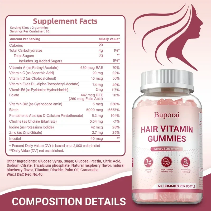 Hair Growth Gummies - Reduces Frizz, Supports Elasticity, Promote Hair, Skin and Nails Health, Maintains Vitality and Immunity