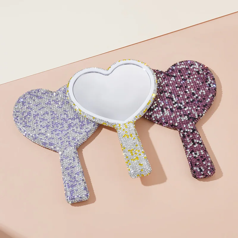Diamant Handheld Make-Up Spiegel Liebe Herz Spiegel Weiblichen Griff Make-Up Kosmetische Schönheit Werkzeuge Handheld Mädchen Make-Up Spiegel