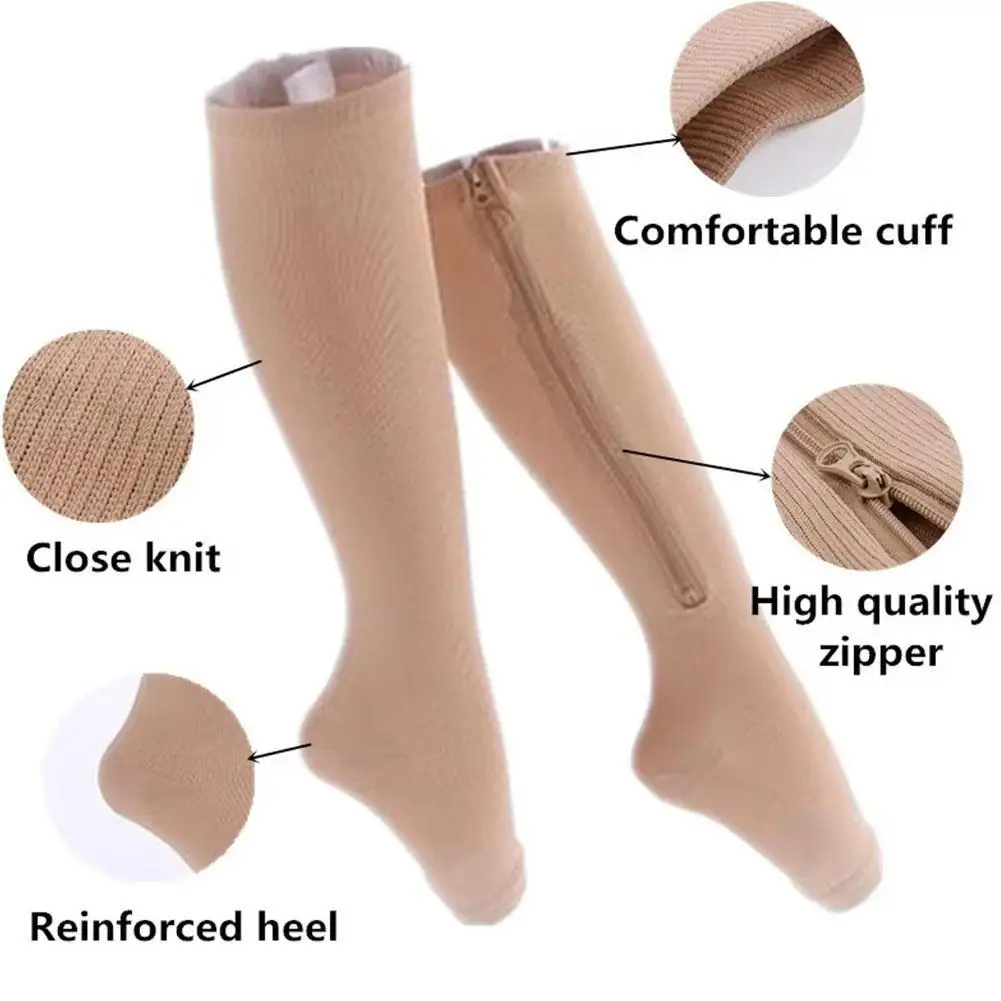 Compression Socks Men Women Leg-Support Knee Zipper Thin Open Toe Slim Sleeping Anti Fatigue Stretchy Sox High Socks Unisex