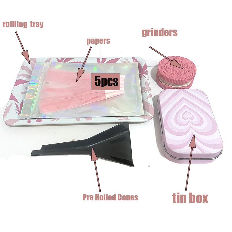 PINK Metal Rolling Tray Kit Grinder Set Cigarette Tin Boxes Spice Crusher 10PCS Accessories Set ﻿