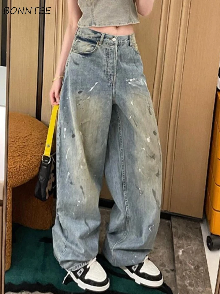 

American Blue Jeans Women Loose Retro Printed High Waist Summer All-match Design Wide Leg Female Streetwear Pantalones De Mujer