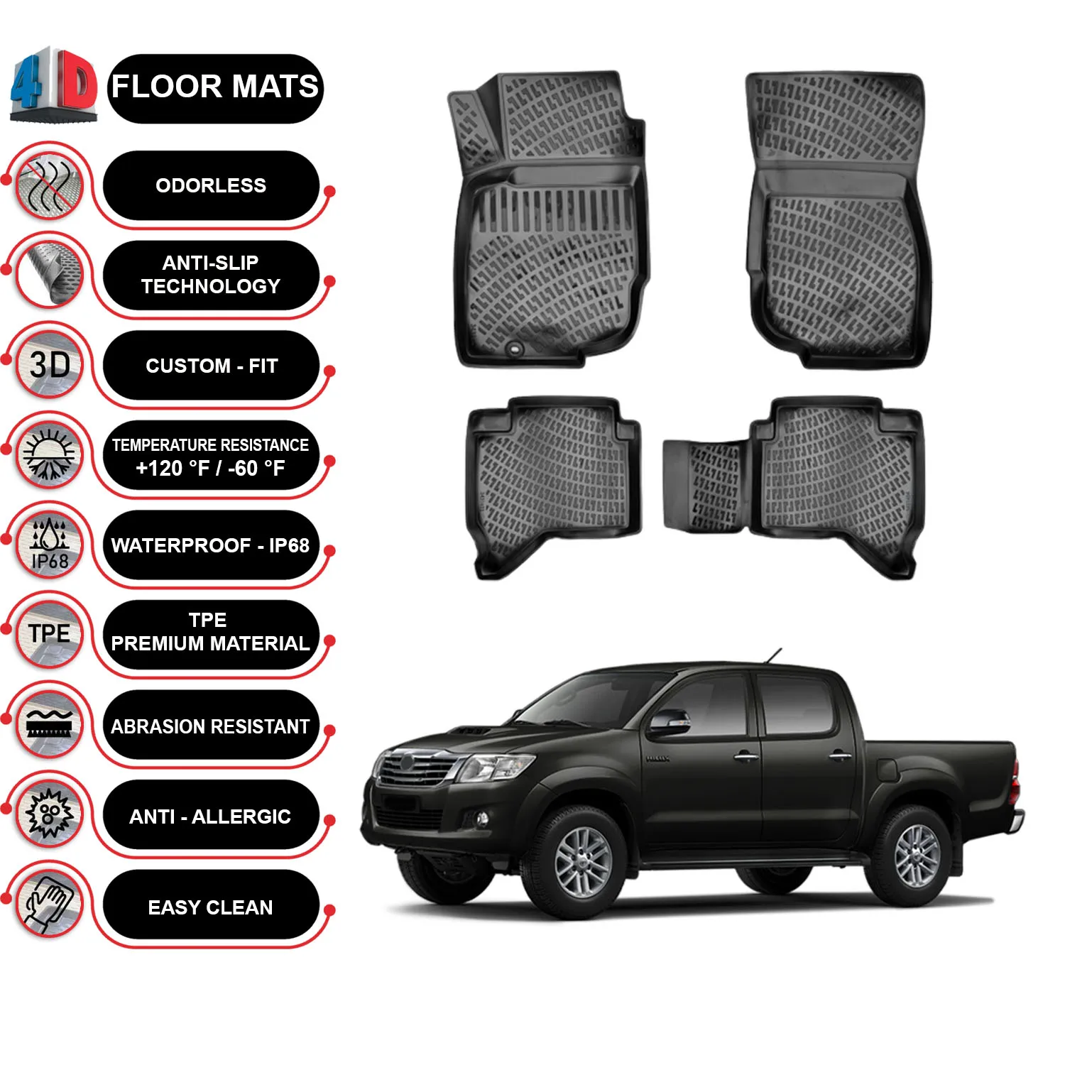 

Toyota Hilux - (2004-2015) Floor Mats Liner Waterproof 3D - (Black)