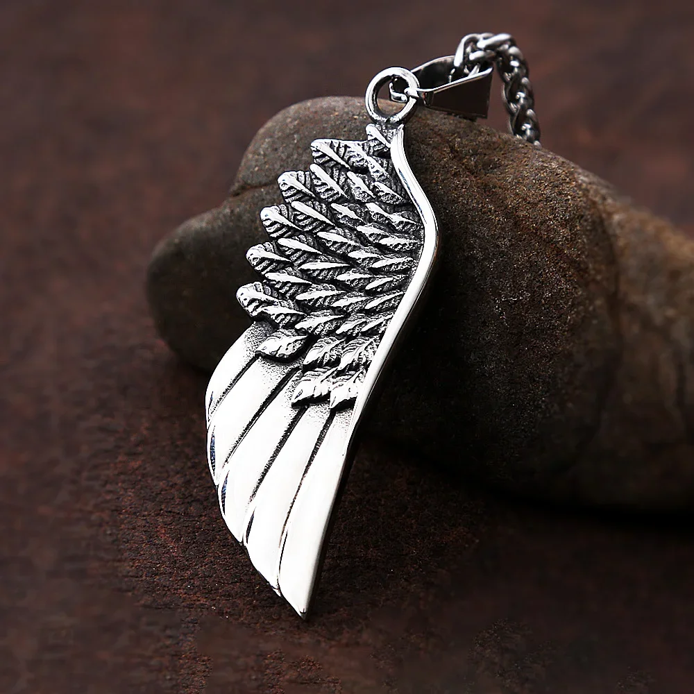 Mode Engel Flügel Feder Anhänger Halsketten Für Männer Frauen Gothic Punk Edelstahl Tier Feder Schmuck Geschenke Großhandel
