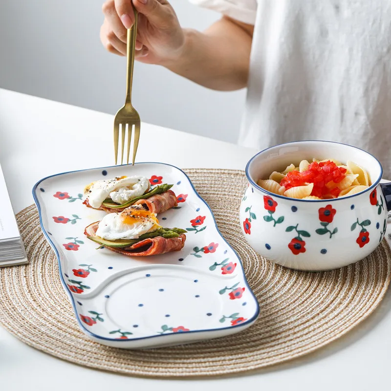 

Japanese Breakfast Separation Ceramic Tableware Set Hand-painted Dinner Plate Household Oatmeal Bowl Milk Mug Tray 2pcs/set