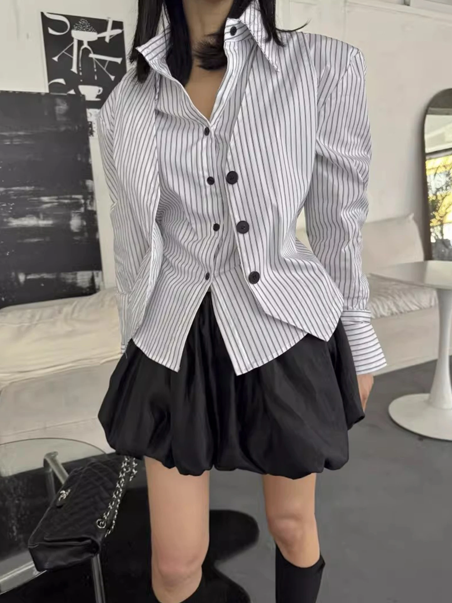 

Ele Stripe Design Slim Fit irt Women's Spring Early Season Faionable Top arp Collar Waist Cinching Korean Sle