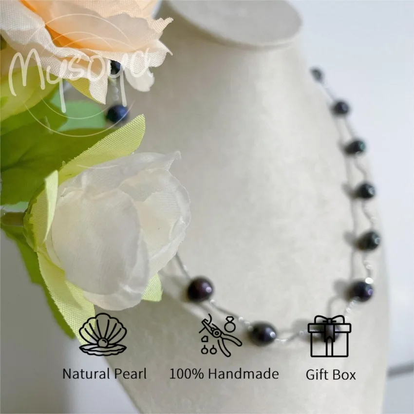 

MYSOYA 9-11mm Black Freshwater Pearl Necklace For Women Men With Gift Box Perfect Gift For Wedding Birthday Christmas New Year