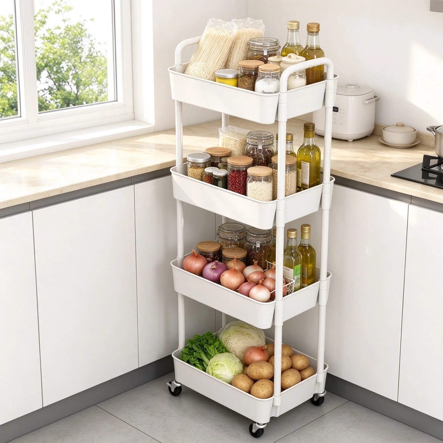 1-Piece 4-Layer Plastic Roller Storage Cart Multi-Functional Space-Saving Shelf with Handle Matte Finish for Home Organization