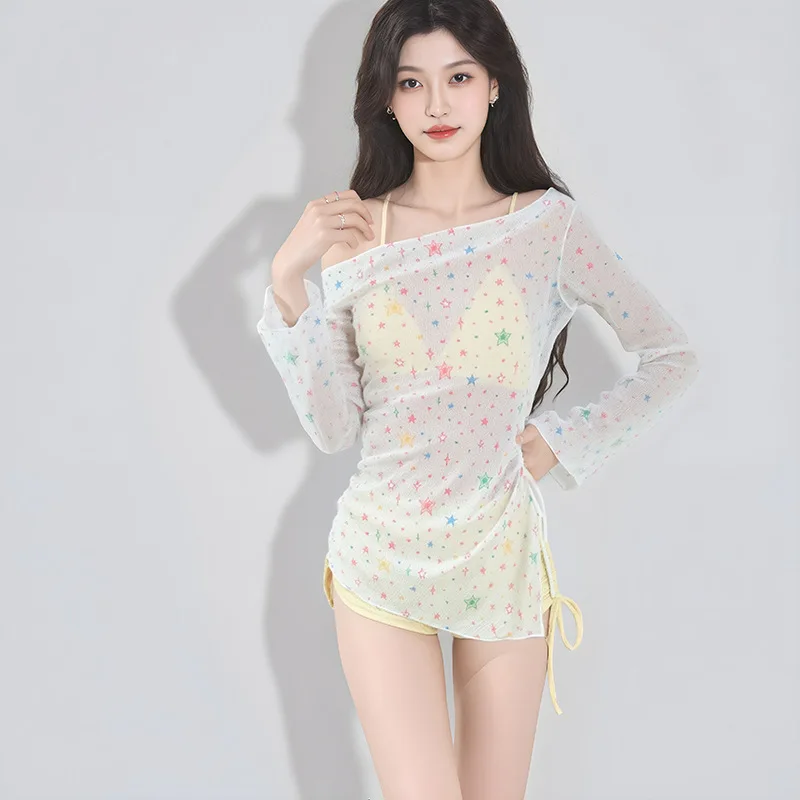 

Sweet Light Yellow Three Piece Swimsuit Set with Star Print Sheer Long Sleeve Cover Up Modest Swimwear for Beach Pool Vacation