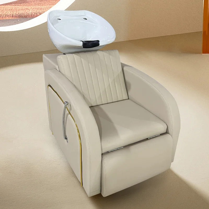 Keyunshi Luxury Beige Salon Shampoo Chair, Ceramic Sink Hair Washing Chair with Reclining Footrest for Hairdressing Salons
