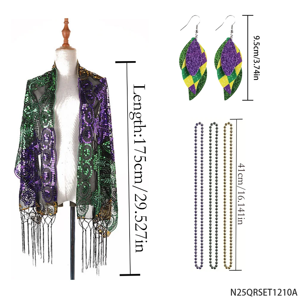 PESENAR Zestaw akcesoriów damskich na Mardi Gras: cekinowa chusta, kolczyki, naszyjnik z koralików, kostium na imprezę