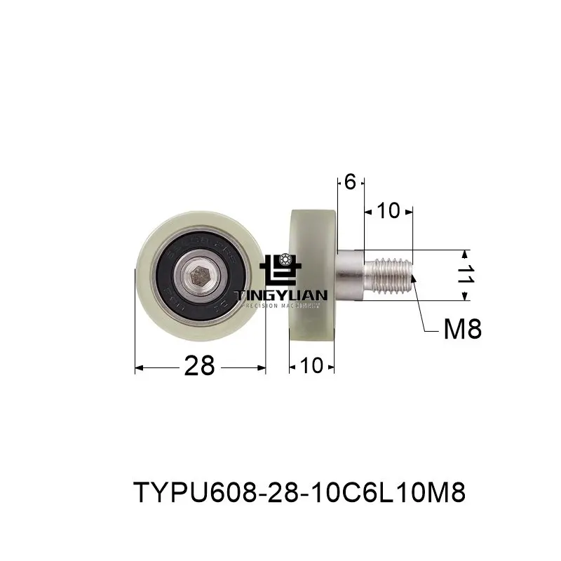 Polyurethane Roller TYPU608-28-10mm  Flat Type ID8 OD28 TPU 1pcs  Transparent  Wheel Roller Pulley With 304 Screws  Guide Wheel