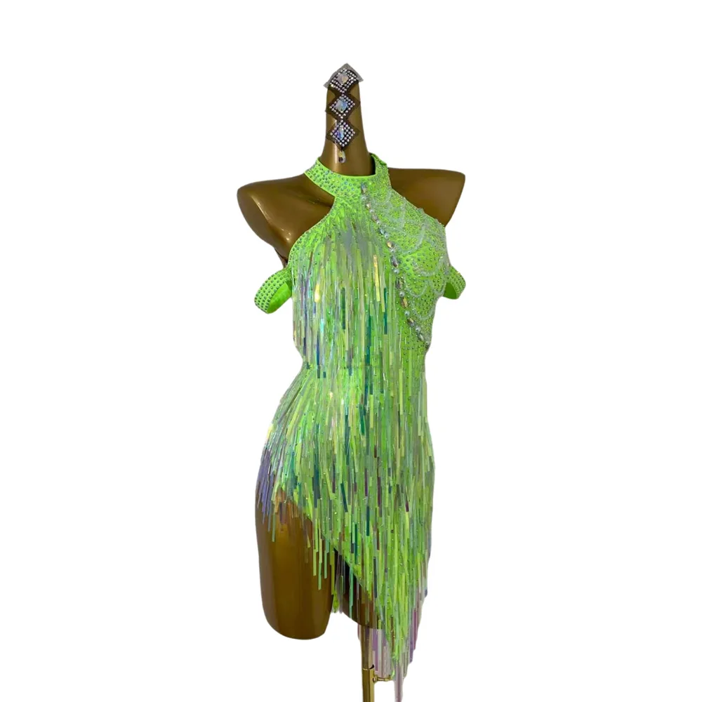 

Latin Dance AB Stone Female Adult Children High end Customized Fluorescent Green Bright Film Tassel Black Pool Samba Dress