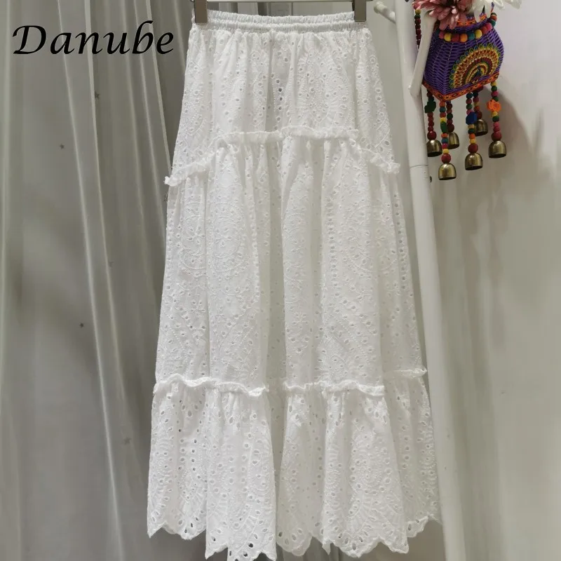 Vintage Embroidery Hollow Out Cotton Linen White Skirt For Women Korean Lace-up Midi Skirt Elegant Patchwork A-line Beach Skirt