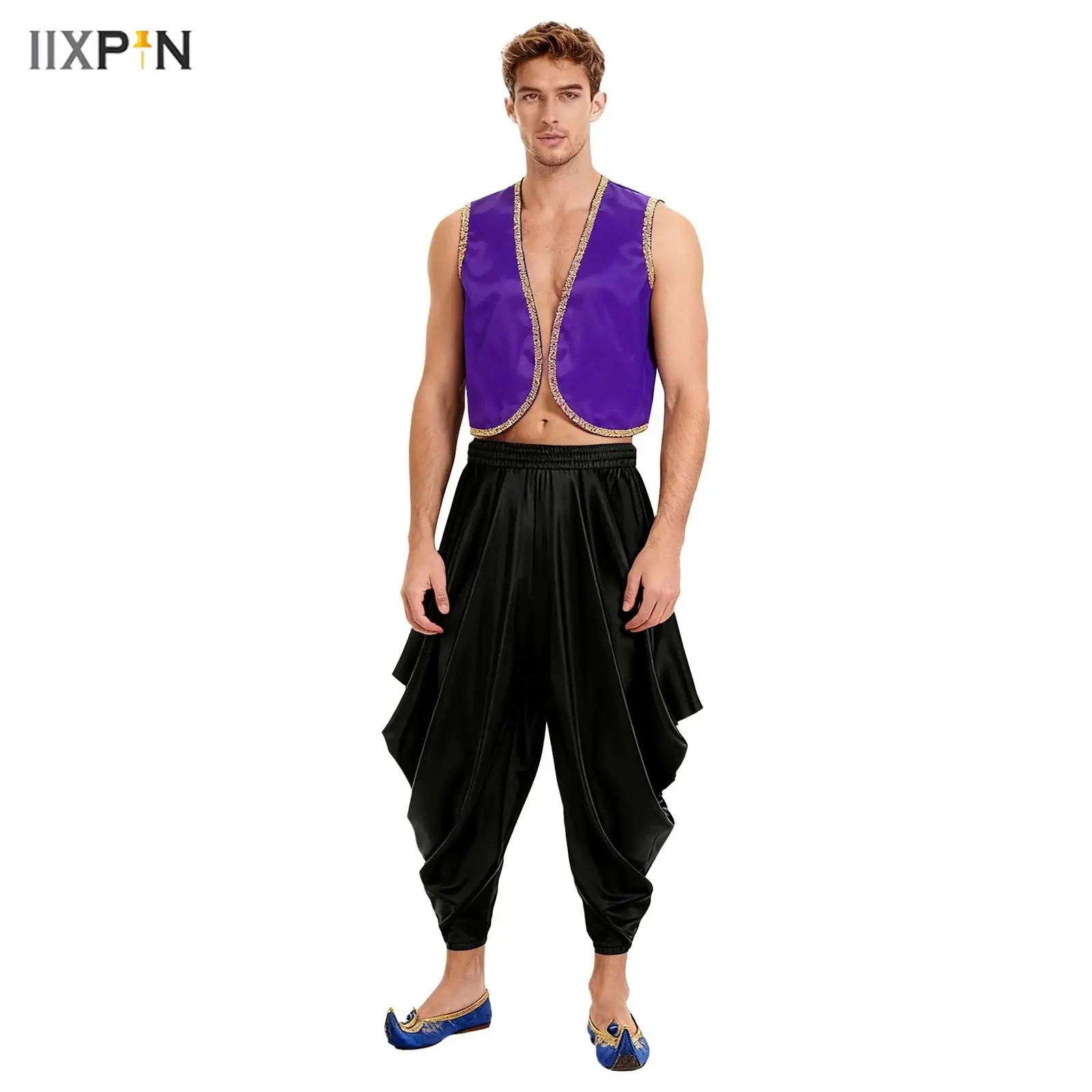 

Mens Arab Prince Dress-up Costume Gold Trim Sleeveless Open Front Vest and Harem Pants for Halloween Raves Theme Party Cosplay