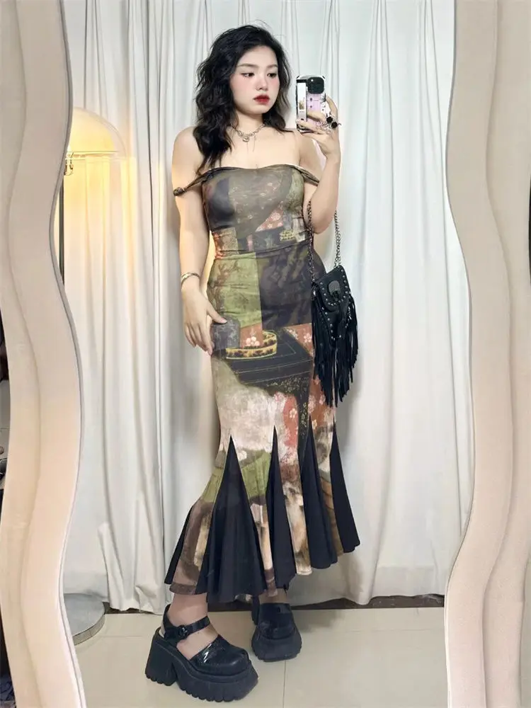 Chinese Design Vintage Oil Print Long Dress Women Summer Maxi Dresses sleeveless elegant y2k bodycon slim Grunge Goth harajuku