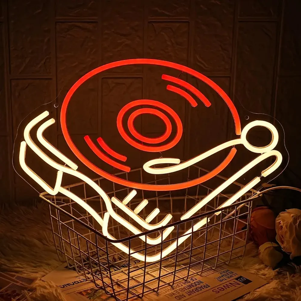 Record Player Neon Sign Vintage Red Warm White Music Record Neon Neon Sign LED Wall Light Up Sign For Music Studio Decor Live