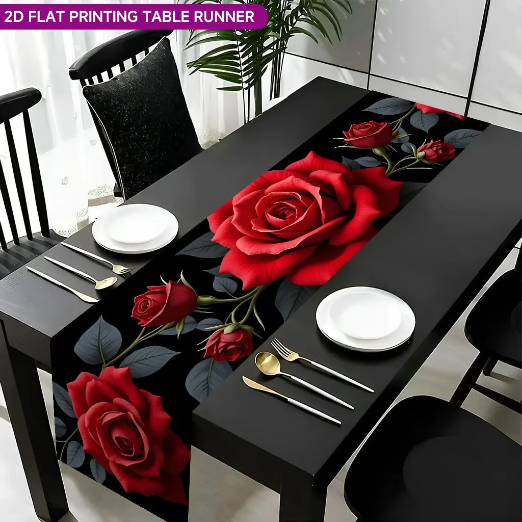 1pc Black Table Runner with Red Rose Print, Perfect for Family Dinners, Afternoon Tea, and Table Decoration