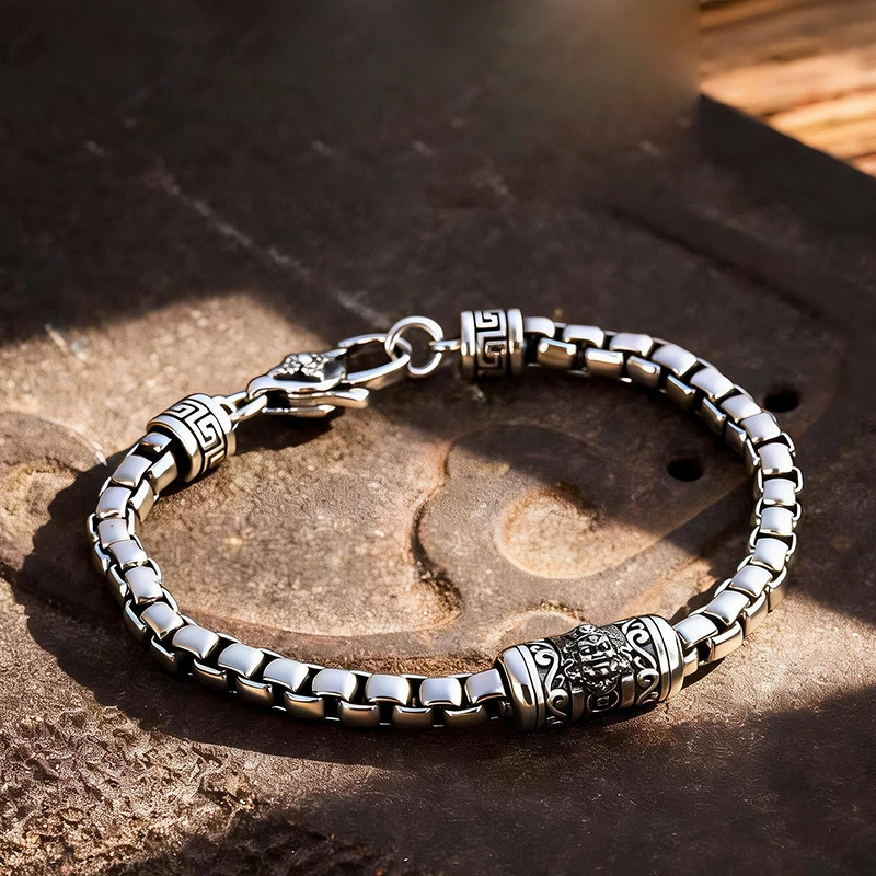 OUYADI 925 Sterling Silver Unisex Retro Geometric Silver Bracelet Sturdy Lobster Clasp Male Festival Present