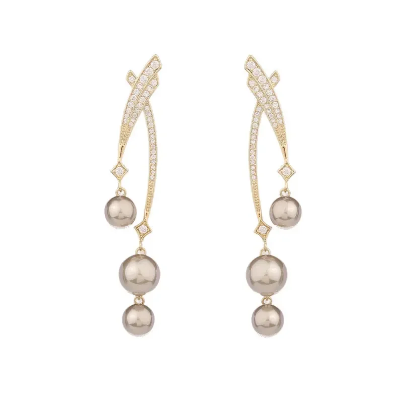 

FXLRY High Quality Trending Cubic Zirconia Cross Line Pearl Earring For Women Wedding Jewelry