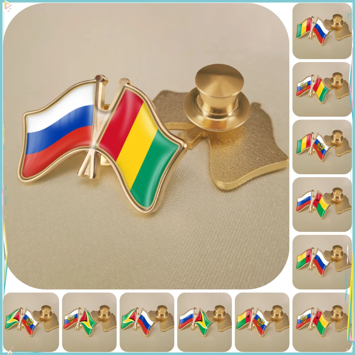 Russian Federation and Guyana Guinea Bissau Double Crossed Friendship Flags Brooches Lapel Pins Badges