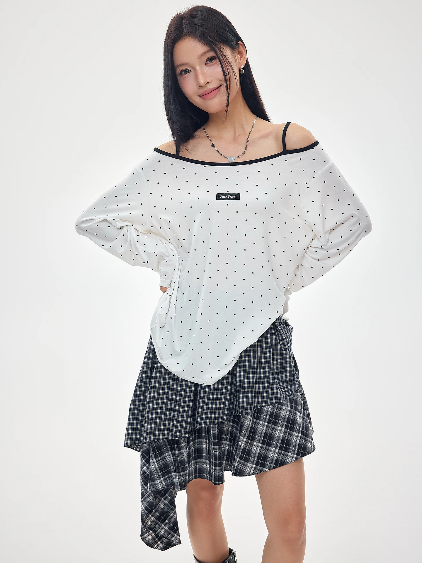 

OoofYang Summer Long Sleeve T-Shirt Cool Sensation Sun Protection Polka Dot One Shoulder Top Lyrca Fiber Loose Fit Commute Style