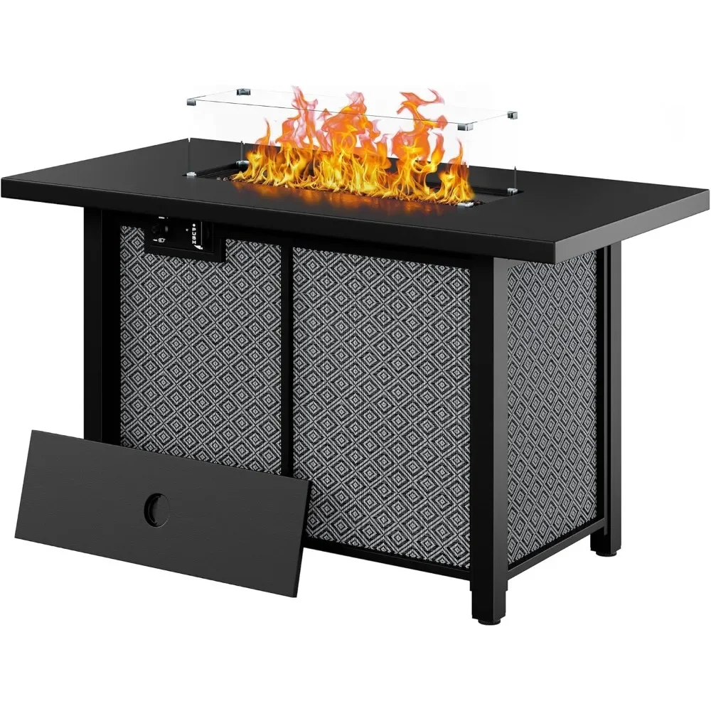 43 Inch Propane Fire Pit Table，50,000 BTU with Glass Wind Guard, Lava Rocks, Waterproof Cover and Lid，Outdoor Gas Fire Pits