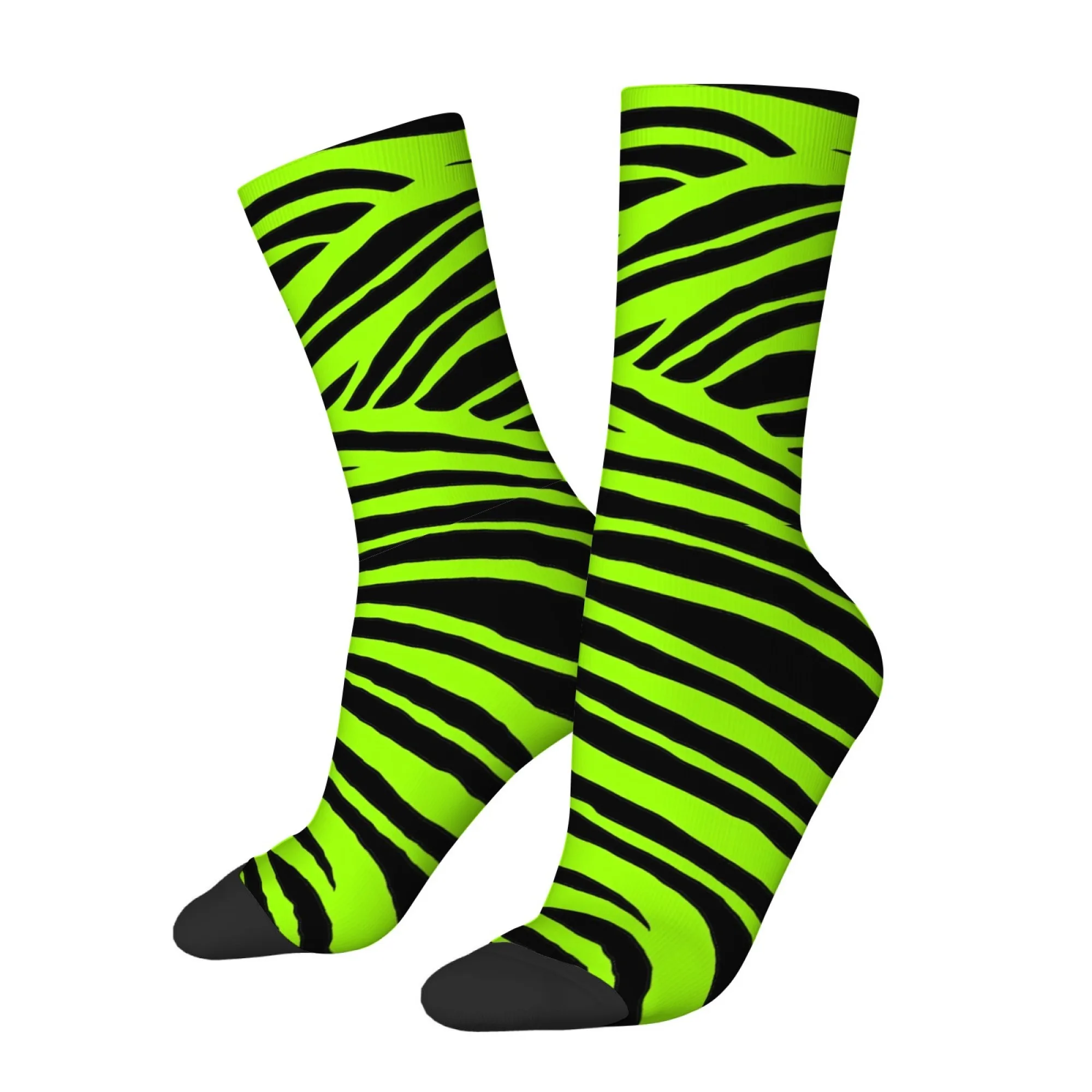 Fluorescent Green Black Zebra Print Men's Mid-calf Socks Street Style Trendy Fashionable Vibrant Non-slip Comfort Sports Socks