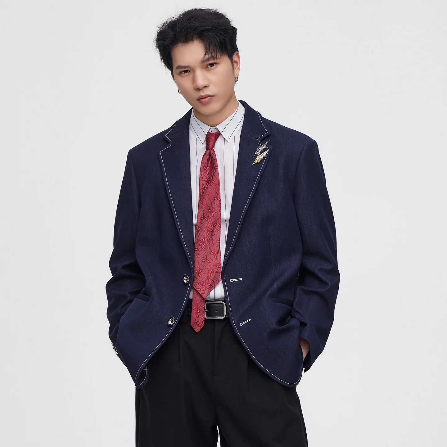 College Vintage Fashion Imitate Denim Blazers Men Korean Streetwear Loose Business Casual Commuter Suit Jacket Blazers Coat