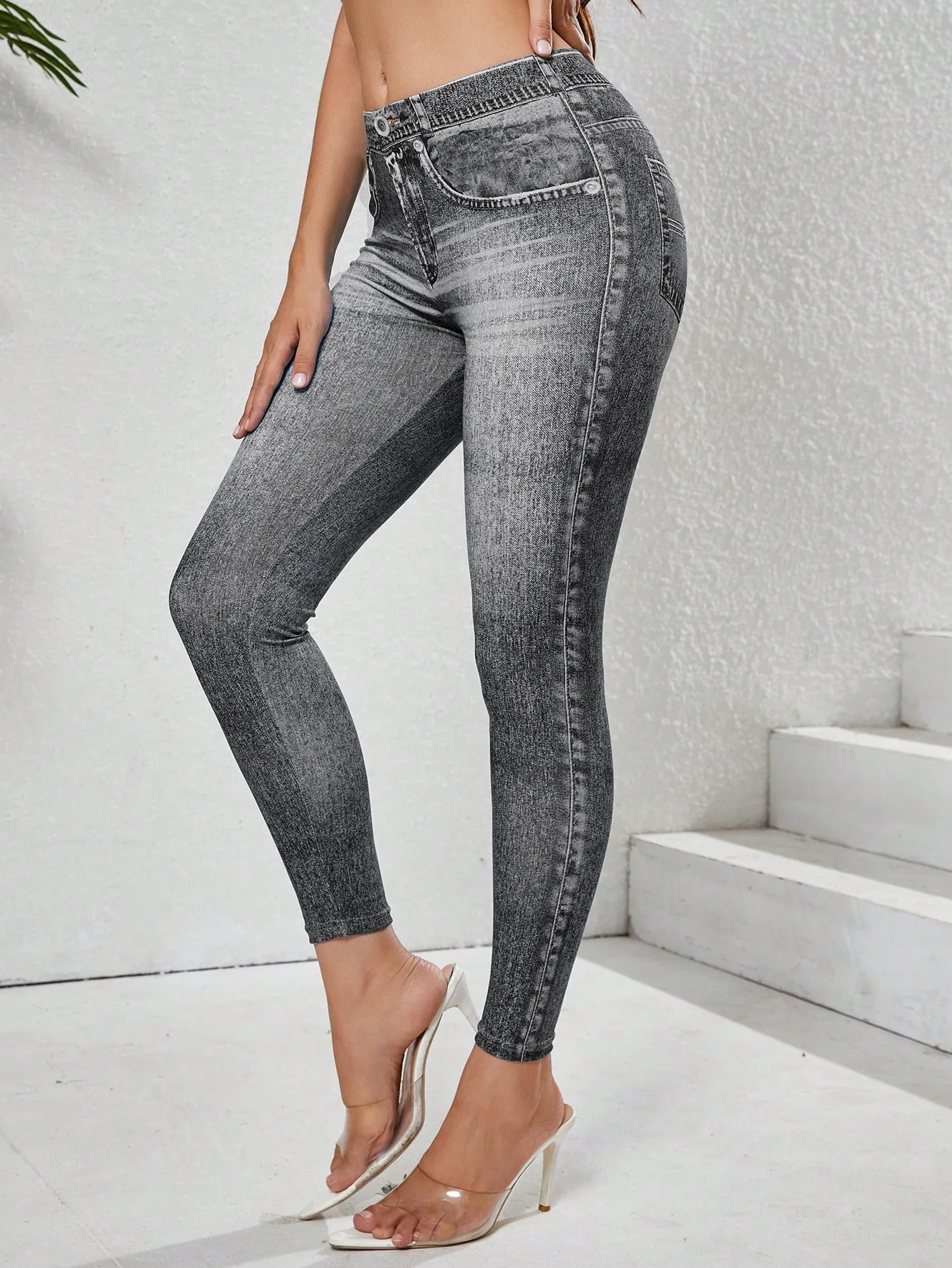 Leggings jeans de imitação feminina com bolsos, alta elasticidade, confortável, controle de barriga, fitness, academia, yoga, uso diário