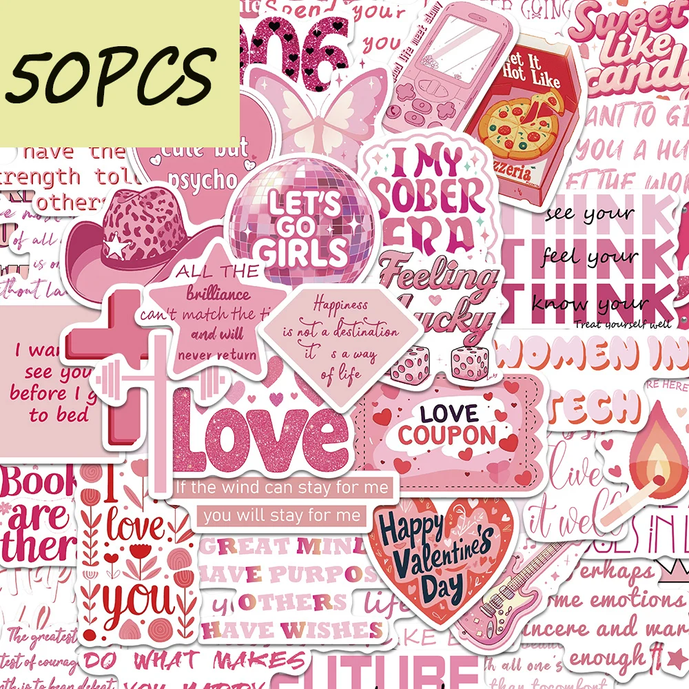 

50pcs pink romantic quotes stickers, decorate phone cases, notebooks, laptops, water cups, waterproof stickers