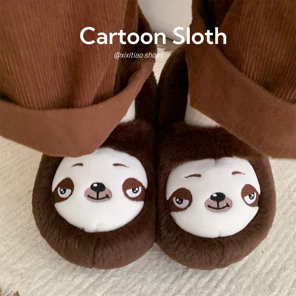 Indoor Cotton Slippers For Women Men Winter Warm Shoes Cute Cartoon Sloth Soft Plush Anti-slip Couples Home Floor Fluffy Shoes