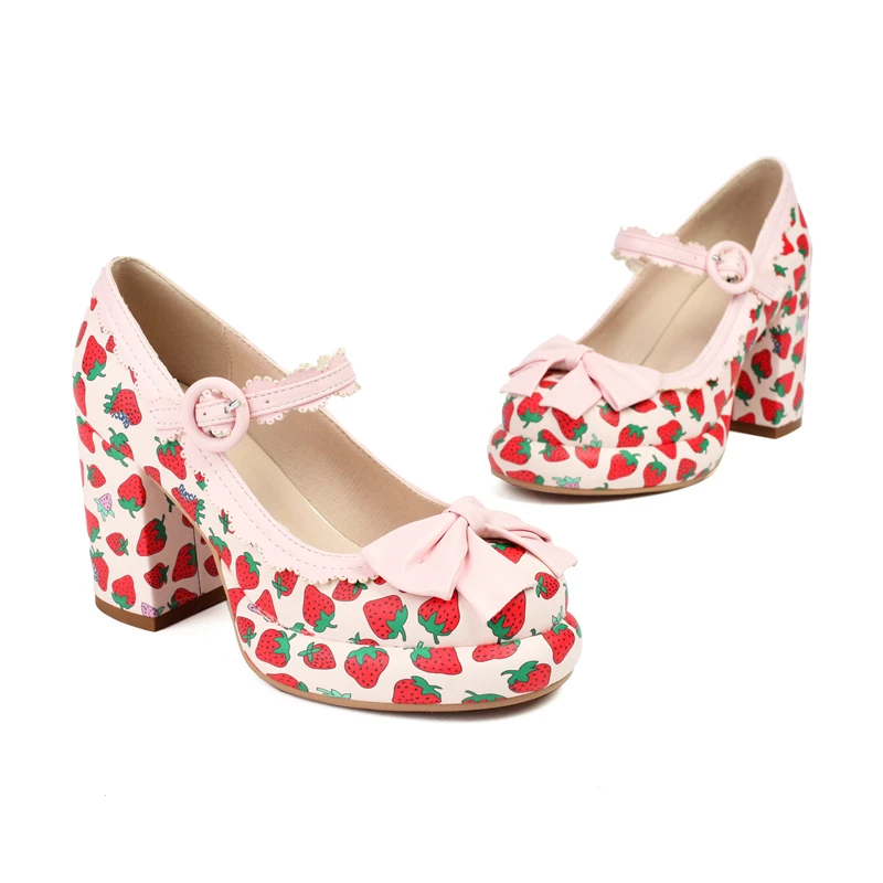 Princess Lolita Girls Mary Janes Women Sweet Party Dress Cosplay Wedding Pumps Block High Heels Strawberry Shoes Plus Size 34-43