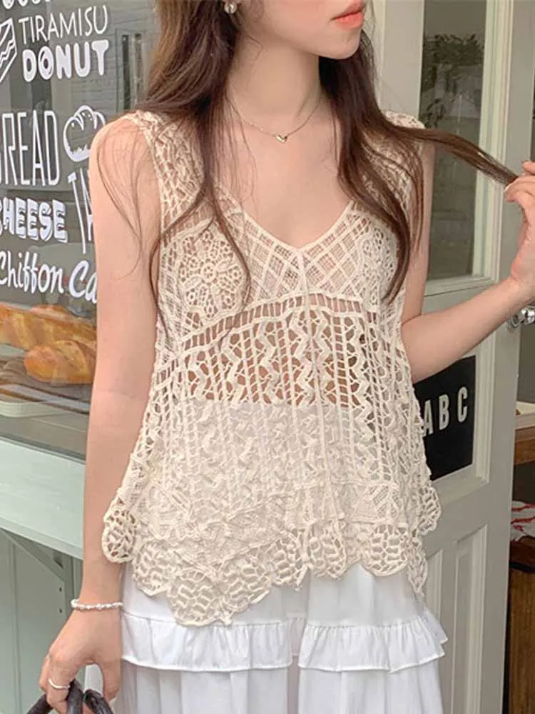 N Sle Band Vest 2024 Nieuwe Dames Bovenkleding Gebreide Zomer Hollow Out Top Svel V-Ne Regular Fit Kleur