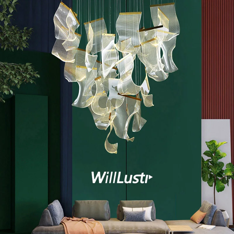 

Creative Acrylic LED Pendant Light Modern Aluminum Suspension Lamp Hall Villa Mall Duplex Staircase Paper Art Hanging Lighting