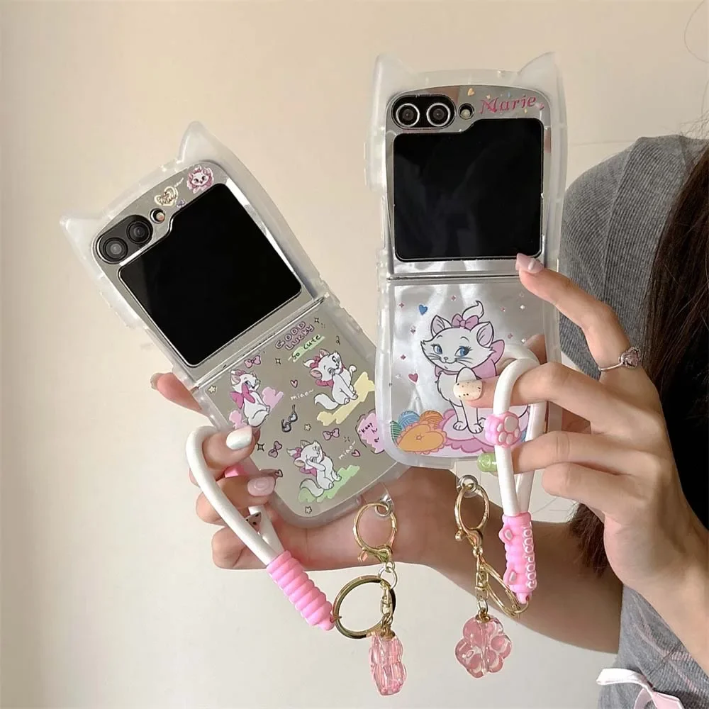 Cute Disneies Mary Cat 3D Cat Ear Lanyard Phone Case for Samsung Galaxy Z Flip 3 4 Z Flip 5 6 5G PC Hard Mirror Film Back Cover