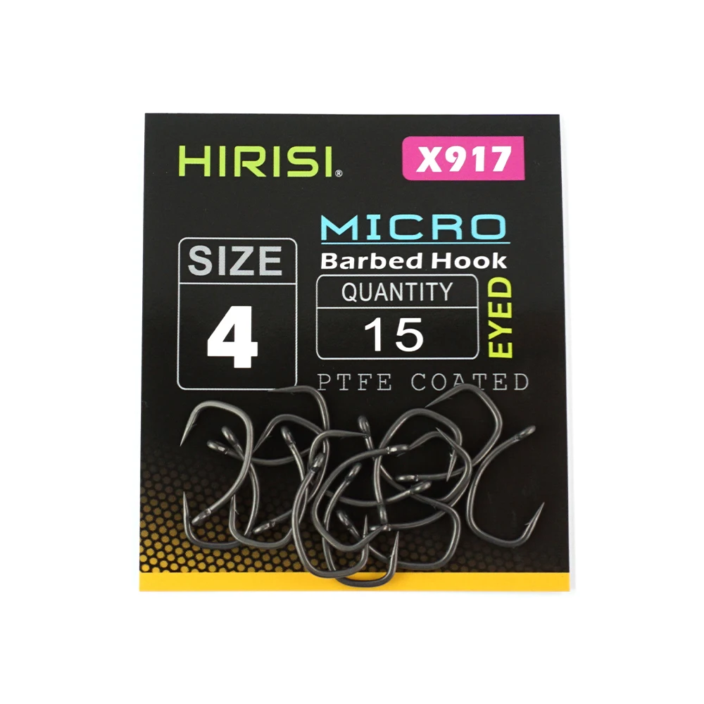 Hirisi 15 sztuk haczyki na karpia z oczkiem Micro Barb haczyki na ryby ze stali wysokowęglowej powlekane PTFE X917 akcesoria wędkarskie