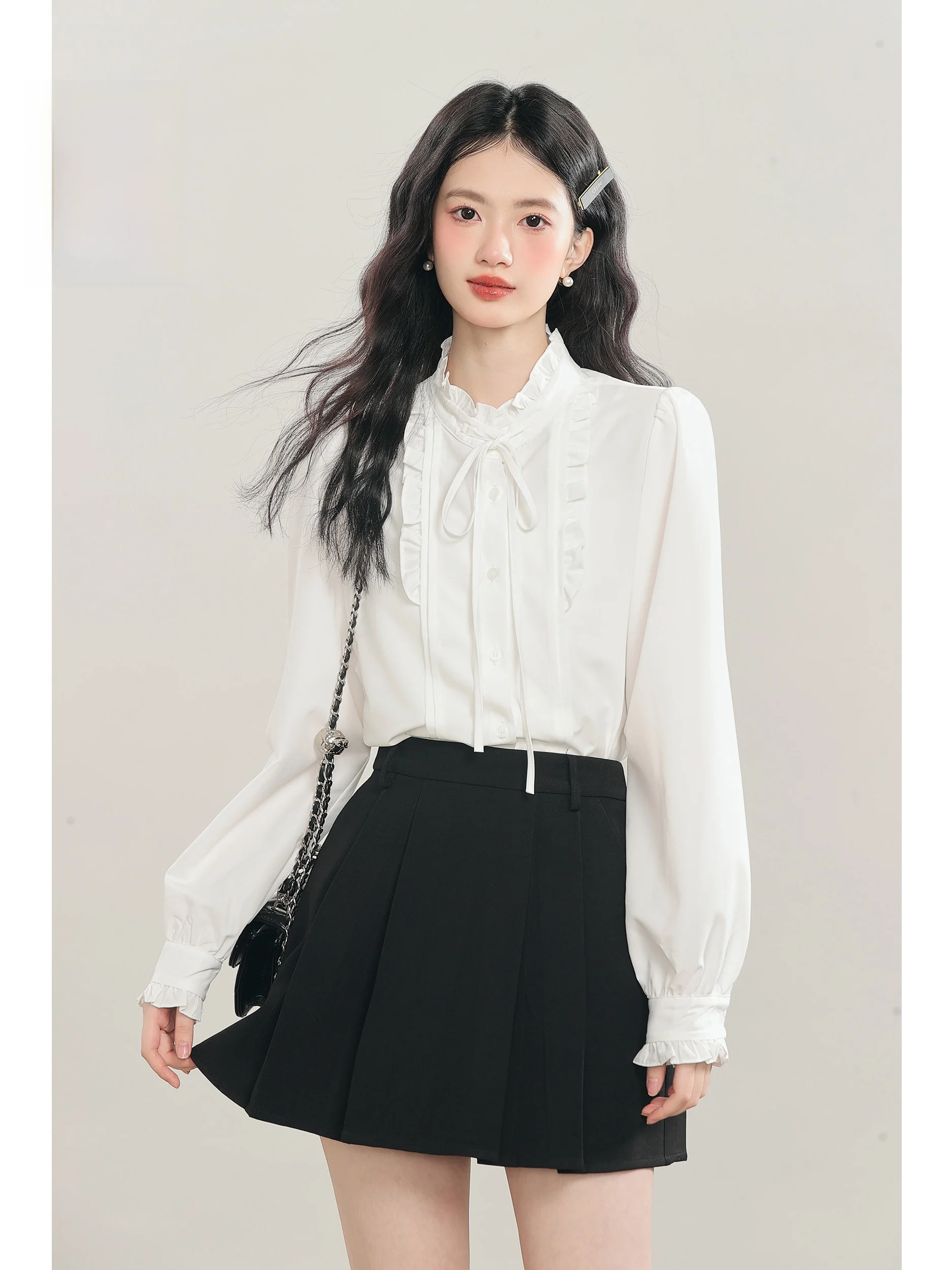 

Lingjiu 2025 New Sle White Casual irt Women's Spring Autumn Commute Bitter Peach Le Collar Tie Sweet Sle Polyester Fiber