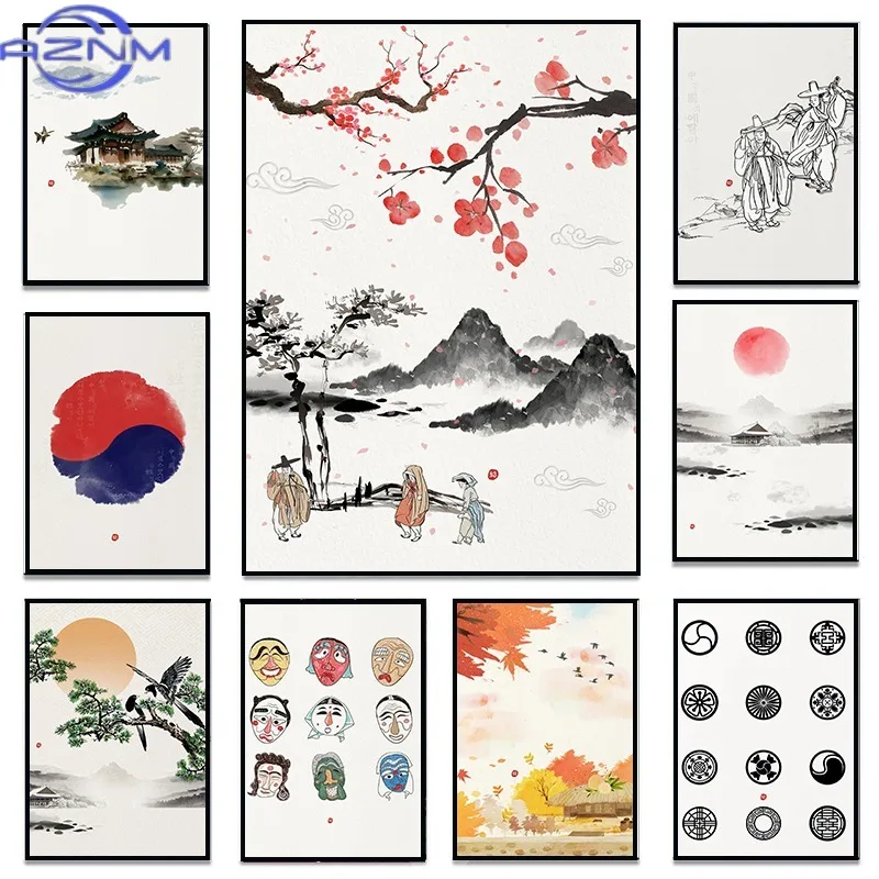 Korean Ink Lotus Sunset Mountain Seoul Minimal Landscape Poster and Print Canvas Printing Wall Art Picture for Living Room De