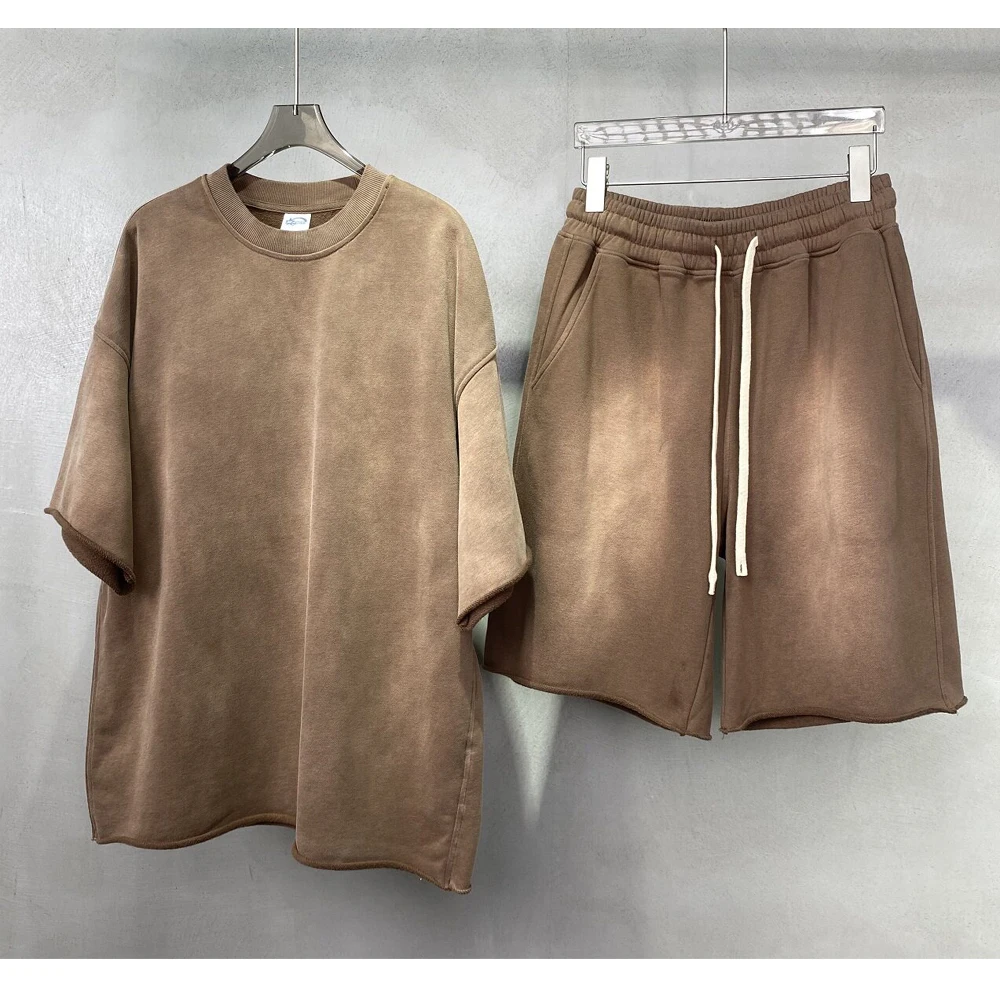 

High Street Summer 360g Heavy-duty Vintage Short Sleeved T-shirt Women's Two-piece Set for Couples Casual Loose Edge Shorts