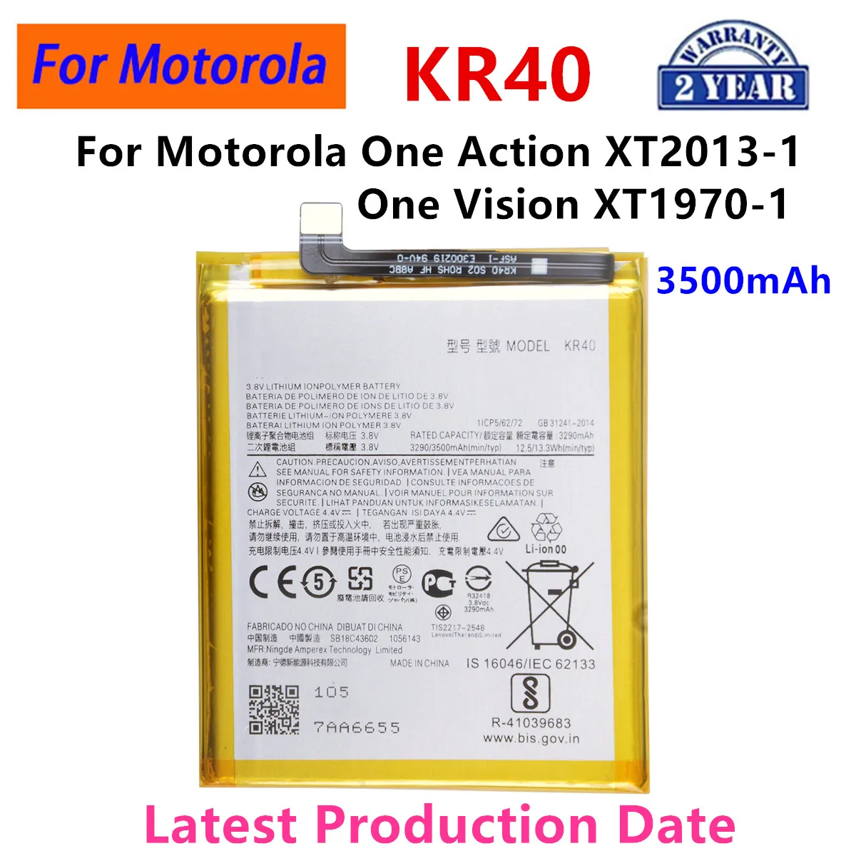 100% Original  KR40 3500mAh Battery For Motorola Moto One Action XT2013-1 / One Vision XT1970-1  Phone Batteries +Tools