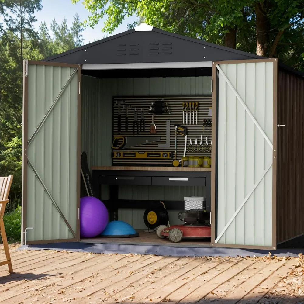 

6 x 8 FTOutdoor Storage Shed Metal Garden Shed with Lockable Door Outdoor Waterproof Tool Shed for Backyard, Patio, Lawn (Brown)