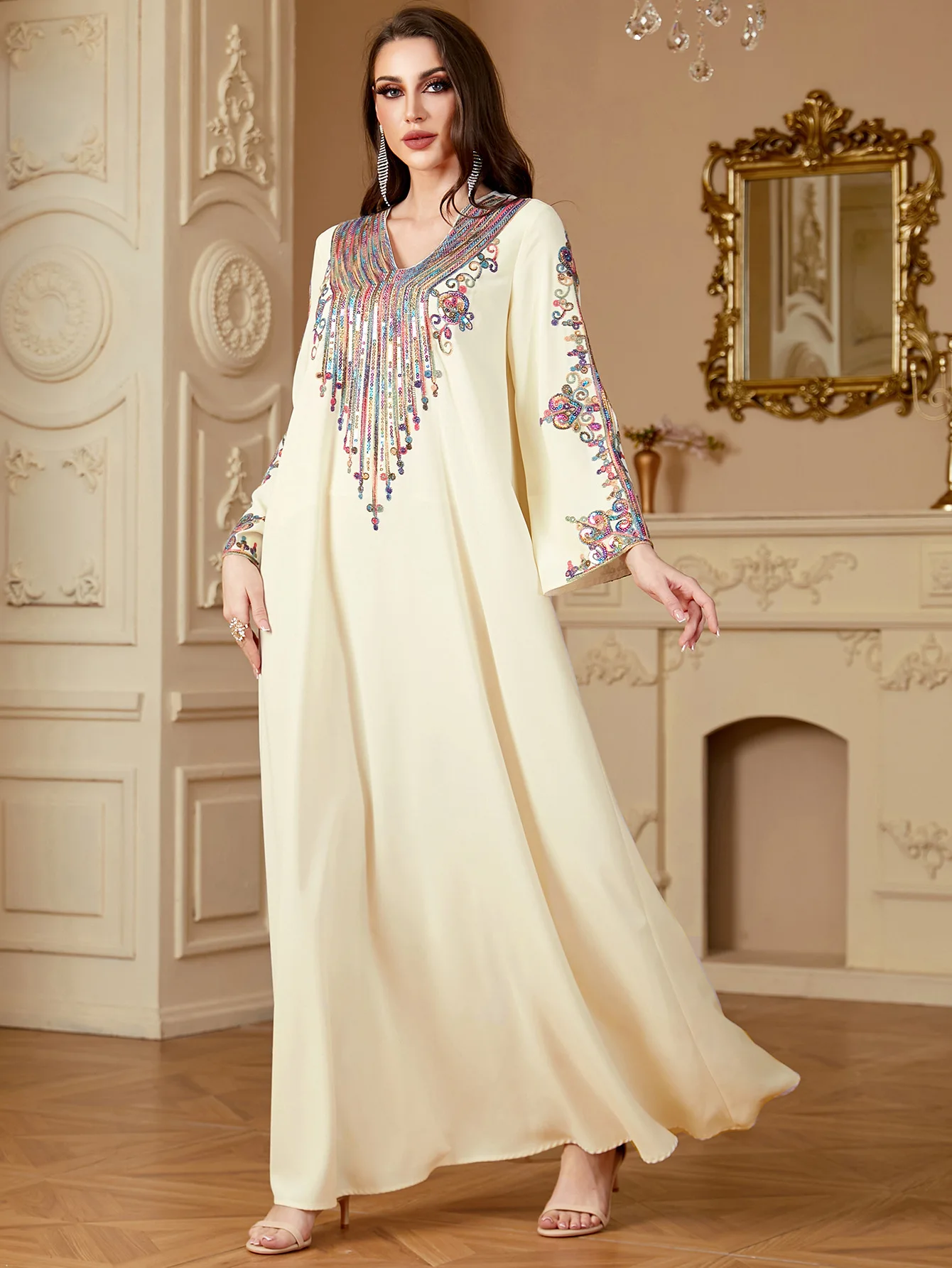 Eid Abito da donna Ricamo Abaya musulmano Party Jalabiya Ramadan Abiti lunghi Caftano Arabo Abito lungo Marocco Abiti Largos Autunno