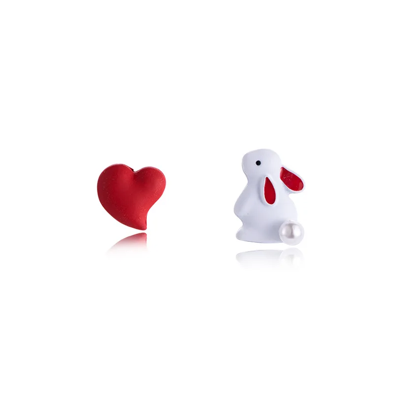 Cute White Pearl Acrylic Rabbit Red Heart Asymmetric Stud Earrings for Women Girls Teens Funny Hare Earrings 2022 Trend Jewelry