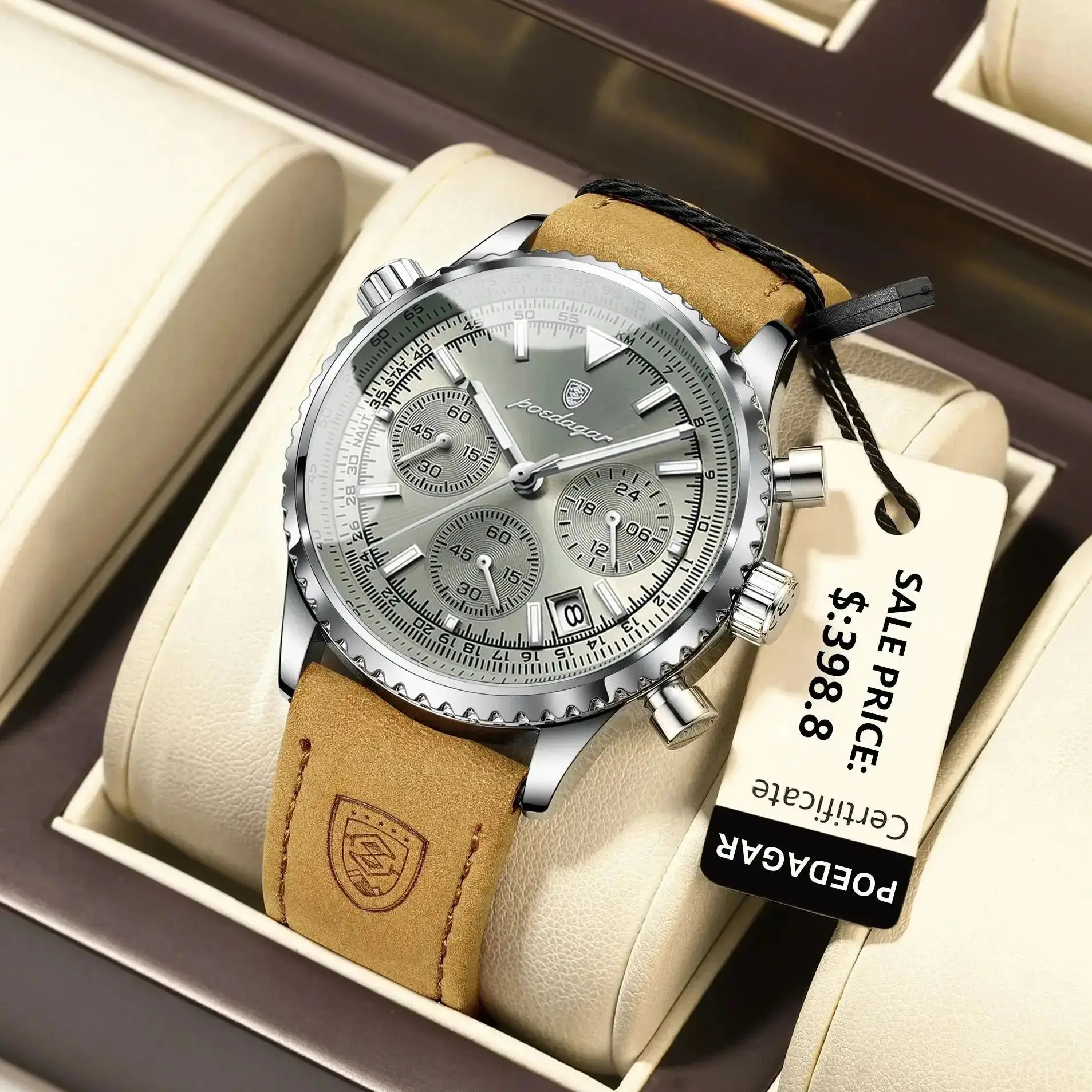 POEDAGAR แฟชั่นผู้ชายคุณภาพสูงนาฬิกา Chronograph กันน้ําปฏิทิน Man นาฬิกาข้อมือหนังควอตซ์นาฬิกาผู้ชาย + กล่อง