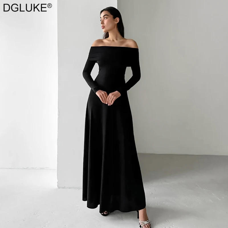 

DGLUKE Off Shoulder Black Long Dress Slash Neck Long Sleeve Maxi Dress Elegant Party Evening Dresses For Women